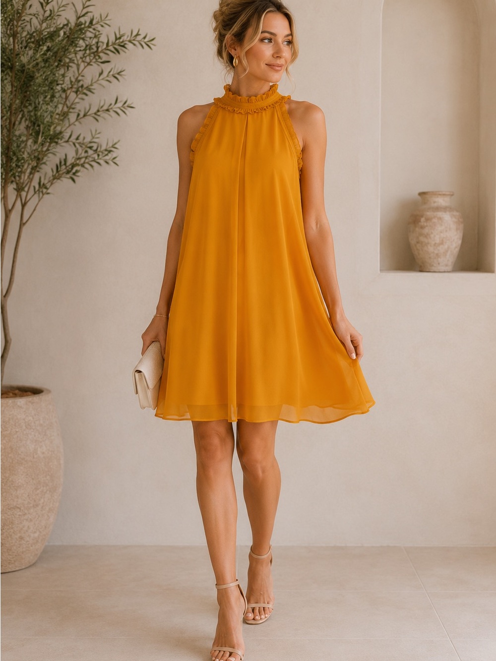 BCBGeneration Mustard Yellow Ruffled Halter Mini Dress